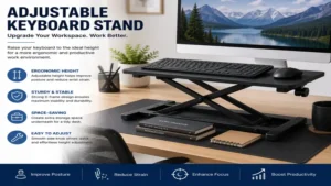adjustable keyboard stand used on a modern office desk to create an ergonomic workstation