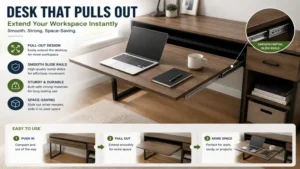 Desk that pulls out showing a smooth extension mechanism for additional work surface