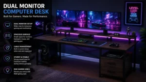 Dual monitor computer desk designed for gaming with RGB lighting, dual screens, and an immersive gaming setup.