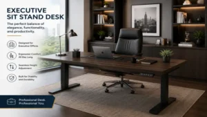 Executive sit stand desk in a sophisticated executive office designed for comfort, productivity, and professional work