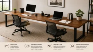 Long wood desk designed for office use with ample workspace for dual monitors and accessories.