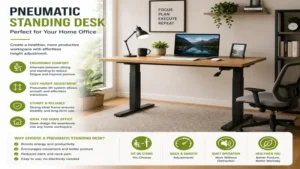 Pneumatic standing desk creating a productive and comfortable home office with ergonomic support.