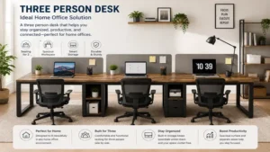 Three person desk providing an organized home office workspace for three users