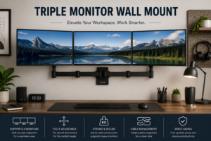 Triple monitor wall mount above a desk creating an organized and productive workstation