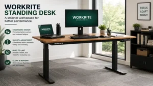 Workrite standing desk arranged with a monitor, keyboard, and accessories in a clean office