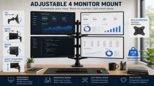 4 monitor mount with fully adjustable arms for personalized viewing angles and improved ergonomic comfort.
