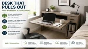 Desk that pulls out designed to maximize workspace in a compact room or apartment