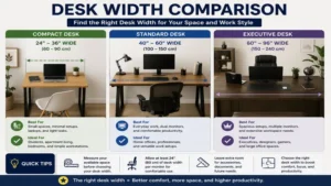 Desk width comparison between compact, standard, and executive desks