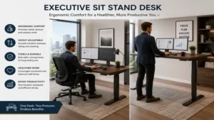 Executive sit stand desk supporting ergonomic work with flexible sitting and standing positions