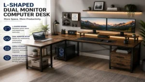 L-shaped dual monitor computer desk maximizing corner space with dual displays for multitasking and productivity.
