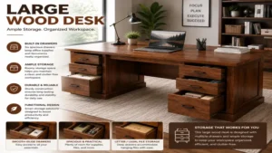 large wood desk featuring multiple built-in drawers that keep office supplies, files, and documents neatly organized.
