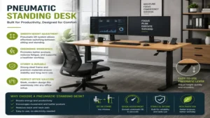 Pneumatic standing desk designed for a professional office workstation with dual monitors and ergonomic comfort.