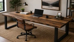 Long wood desk featuring rustic reclaimed wood that brings warmth and character to any workspace.