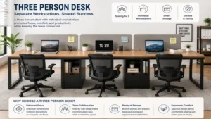 Three person desk with separate workstations for comfortable shared productivity