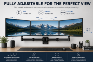 Triple monitor wall mount with adjustable tilt swivel and extension for comfortable viewing