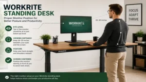 Workrite standing desk with a properly positioned monitor for an ergonomic workstation setup