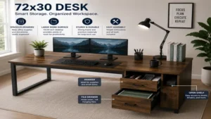 72x30 desk with drawers and storage solutions for an organized workspace