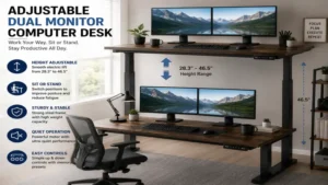 Height-adjustable dual monitor computer desk supporting comfortable sitting and standing throughout the workday.