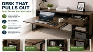 Desk that pulls out with built-in drawers and shelves for organized office storage