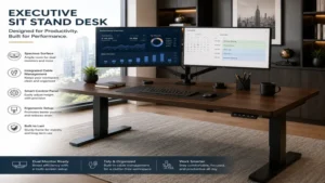 Executive sit stand desk with dual monitors, organized accessories, and an efficient professional workstation