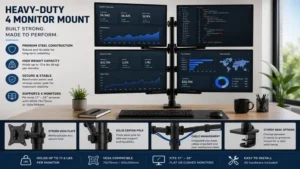 4 monitor mount built with heavy-duty steel construction to provide stable support for four computer monitors.