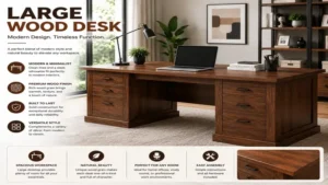 large wood desk with a modern minimalist design that blends natural beauty with functional workspace organization.