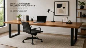 Long wood desk with a minimalist design, clean lines, and generous workspace for productivity.