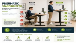 Pneumatic standing desk promoting better posture, reduced fatigue, and improved productivity throughout the workday.