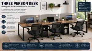 Three person desk designed for an efficient collaborative workspace