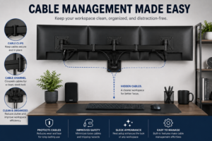 Triple monitor wall mount with cable management keeping three monitor cables neat and organized