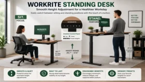 Workrite standing desk height adjustment demonstrated for alternating sitting and standing positions