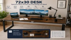 72x30 desk providing ample workspace for monitors, laptop, and office supplies