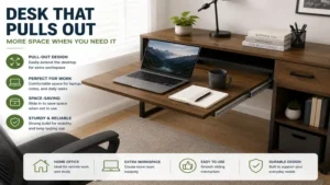 Desk that pulls out supporting a laptop and office essentials for productive daily work