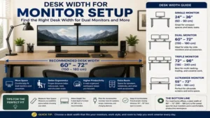 Recommended desk width for dual monitors and workspace accessories