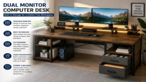 Dual monitor computer desk with built-in shelves and drawers providing organized storage for office essentials.