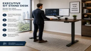 Executive sit stand desk configured for standing work with dual monitors and an ergonomic office setup