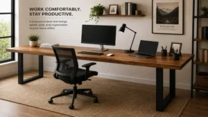 Long wood desk creating an organized and comfortable home office with plenty of working space.
