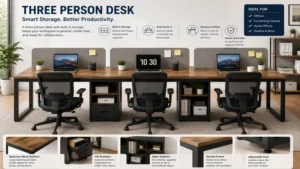 Three person desk with built-in storage for an organized shared workspace