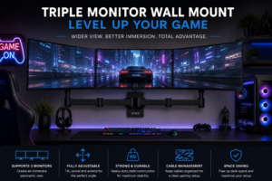 Triple monitor wall mount supporting an immersive three-screen gaming setup
