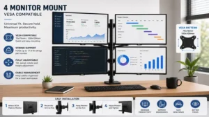 4 monitor mount with universal VESA compatibility for easy installation and secure monitor mounting.