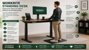 Workrite standing desk used in an ergonomic office setup with proper posture and screen placement