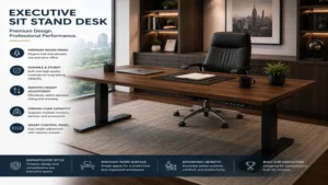 Executive sit stand desk with a premium wood finish, sturdy frame, spacious surface, and sophisticated executive design