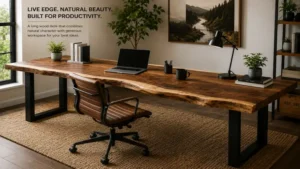 Long wood desk with a live edge design that showcases natural wood grain and timeless craftsmanship.
