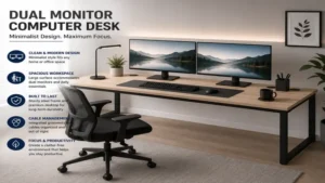 Minimalist dual monitor computer desk with a clean modern design for a clutter-free and productive workspace.