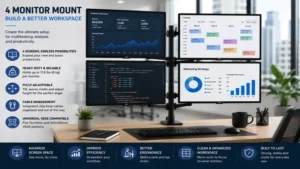 4 monitor mount installed in a professional office workstation to maximize desk space and productivity.