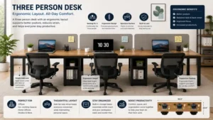 Three person desk with an ergonomic layout for comfortable daily work