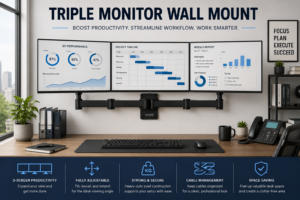 Triple monitor wall mount creating an efficient multi-screen office workstation