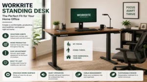 Workrite standing desk featured in a practical home office with organized computer equipment