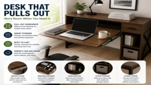 Desk that pulls out creating a flexible workstation for working, studying, or gaming