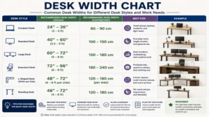 Desk width chart with common dimensions for various desk styles